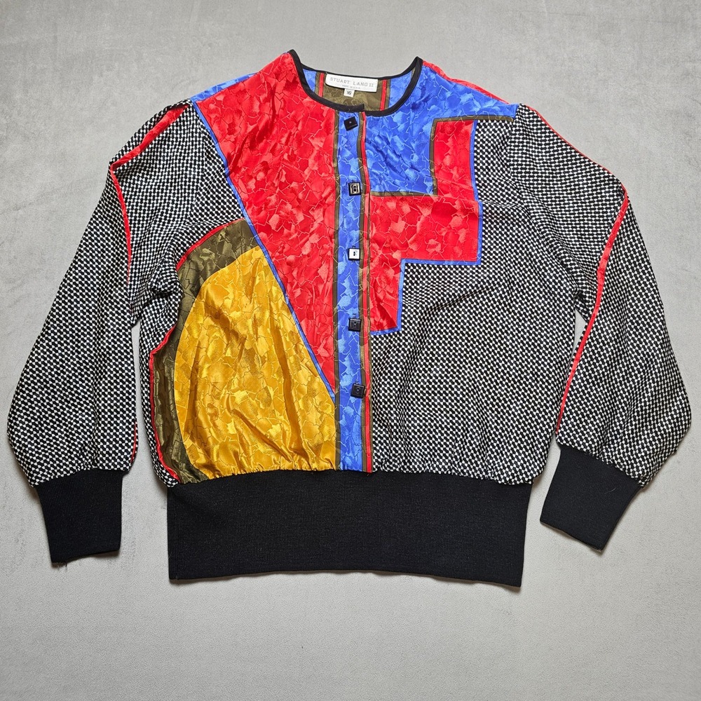 Stuart Lang II Vintage Colorblock Geometric Patchwork Blouse 16 Padded Shoulder